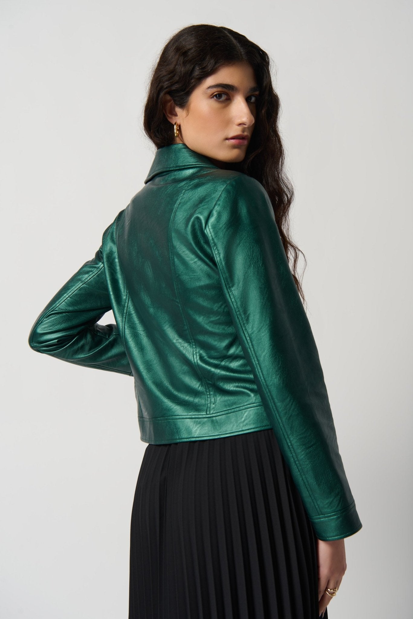Shop Metallic Faux Leather Biker Jacket Style 234902 │ Emerald - Joseph Ribkoff