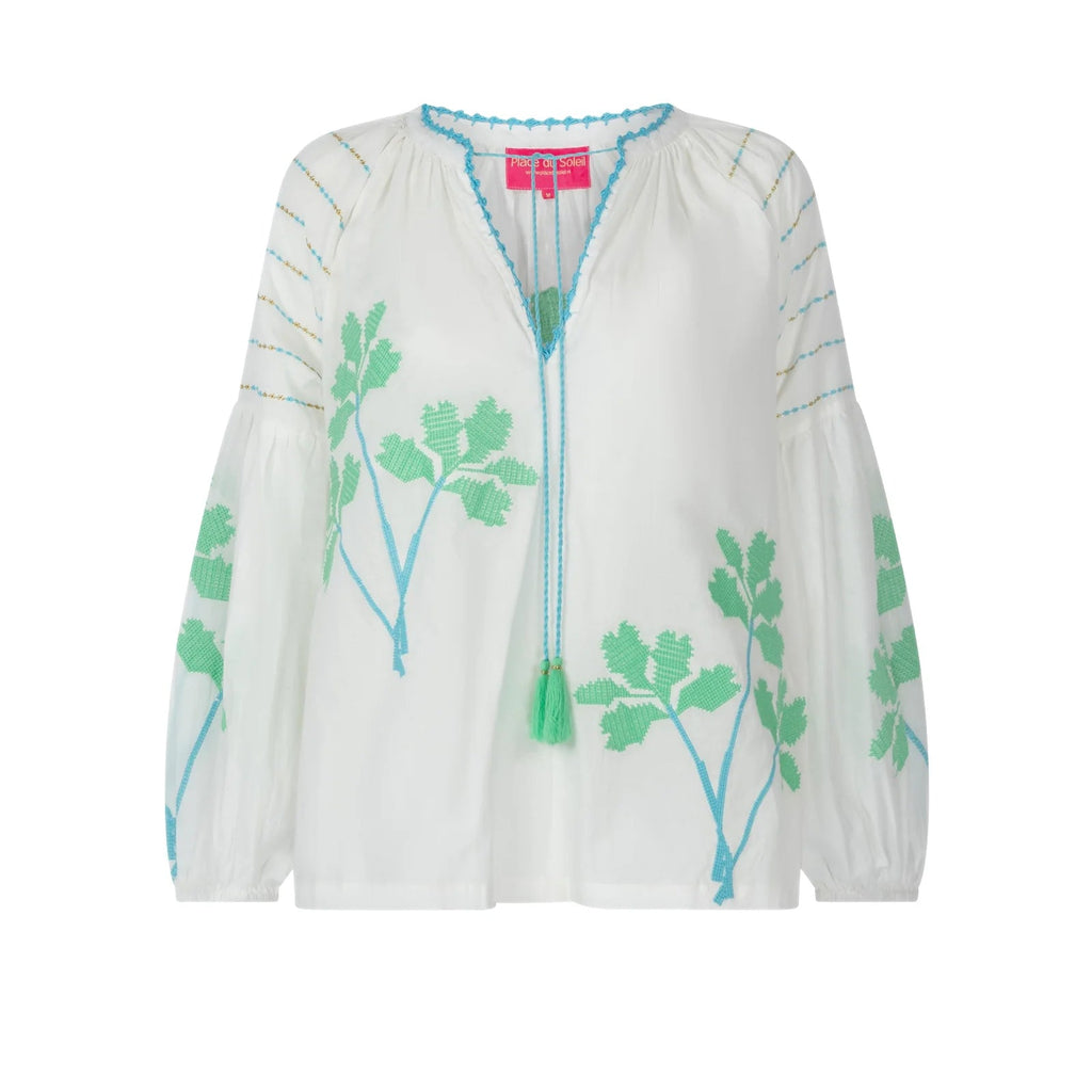 Organic Cotton Embroidered Blouse | White/Sea Green