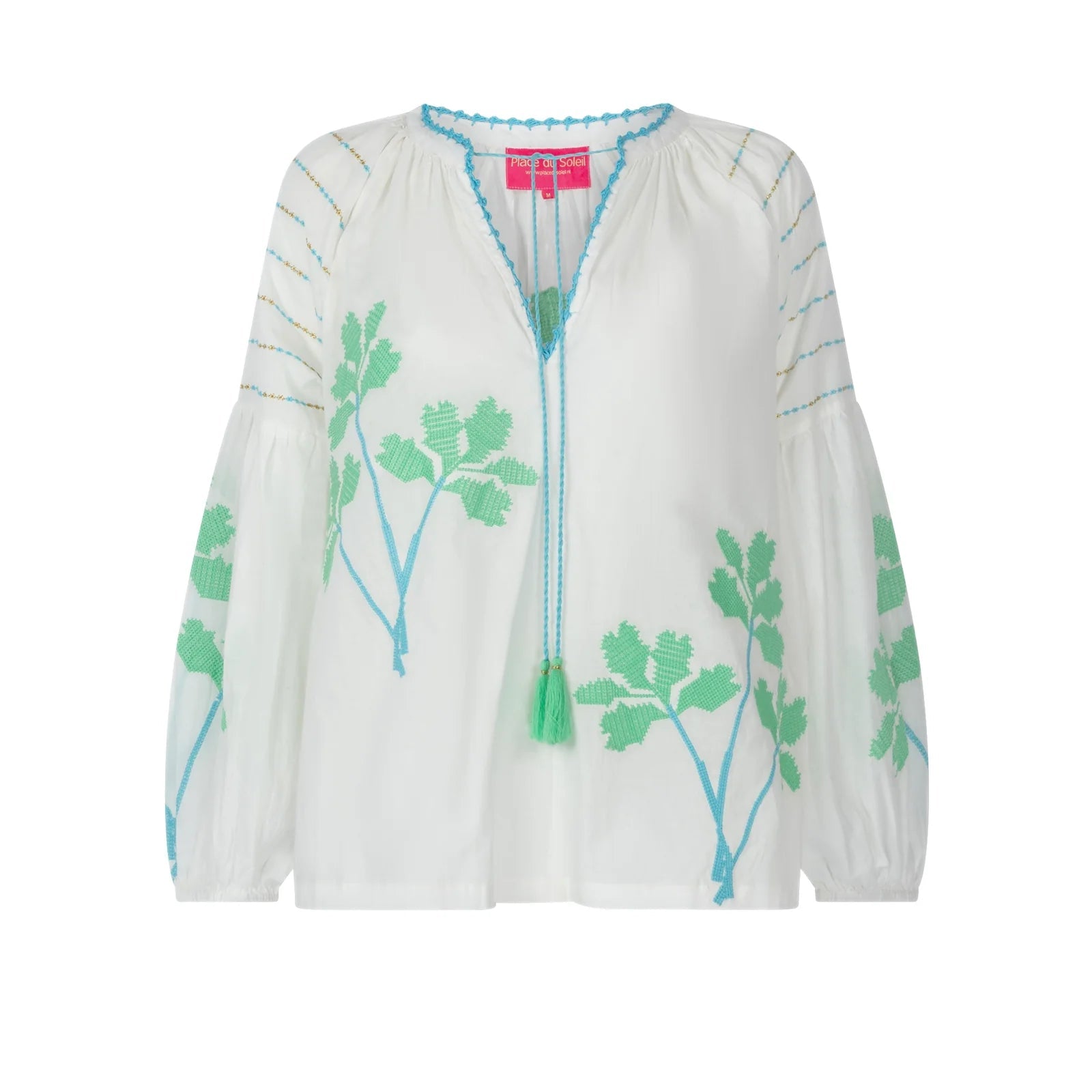 Shop Organic Cotton Embroidered Blouse | White/Sea Green - Place du Soleil