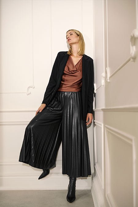 Shop Pleated Faux-Leather Culotte Pants Style 233109 | Black - Joseph Ribkoff