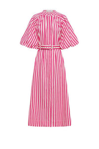 Shop Pleated Neck Midi Shirt Dress | Pink White Stripe - Bohemian Traders