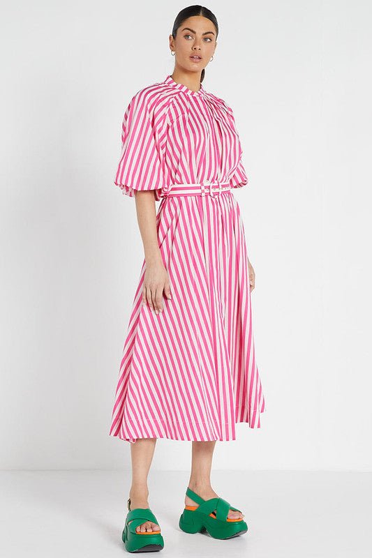 Shop Pleated Neck Midi Shirt Dress | Pink White Stripe - Bohemian Traders