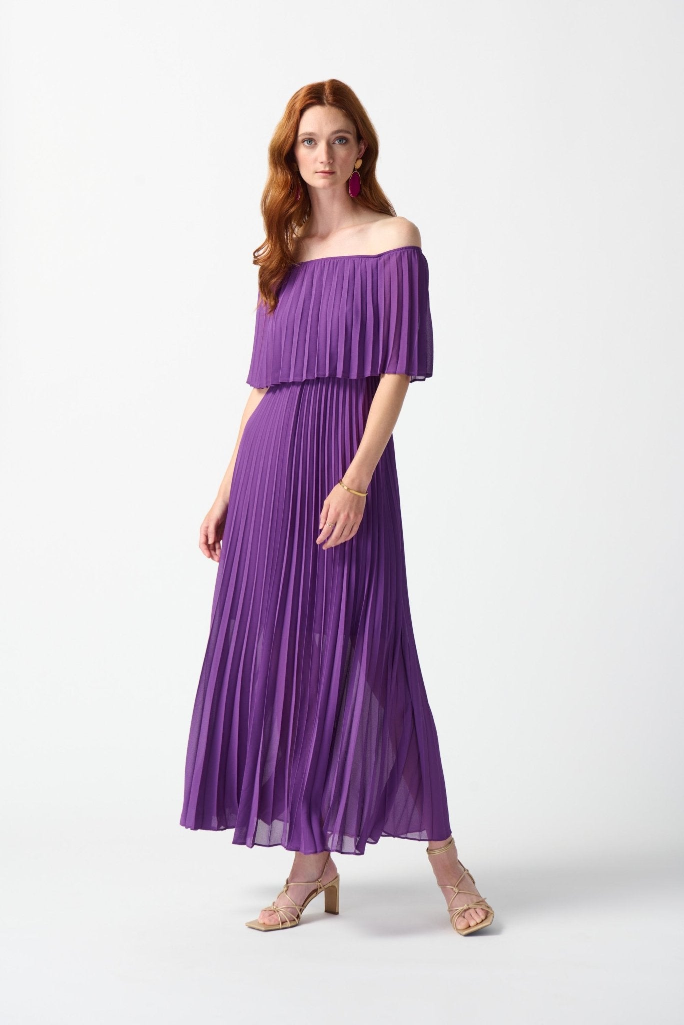Shop PRE-ORDER Chiffon Off-The-Shoulder Pleated Dress Style 242926│ Majesty - Joseph Ribkoff