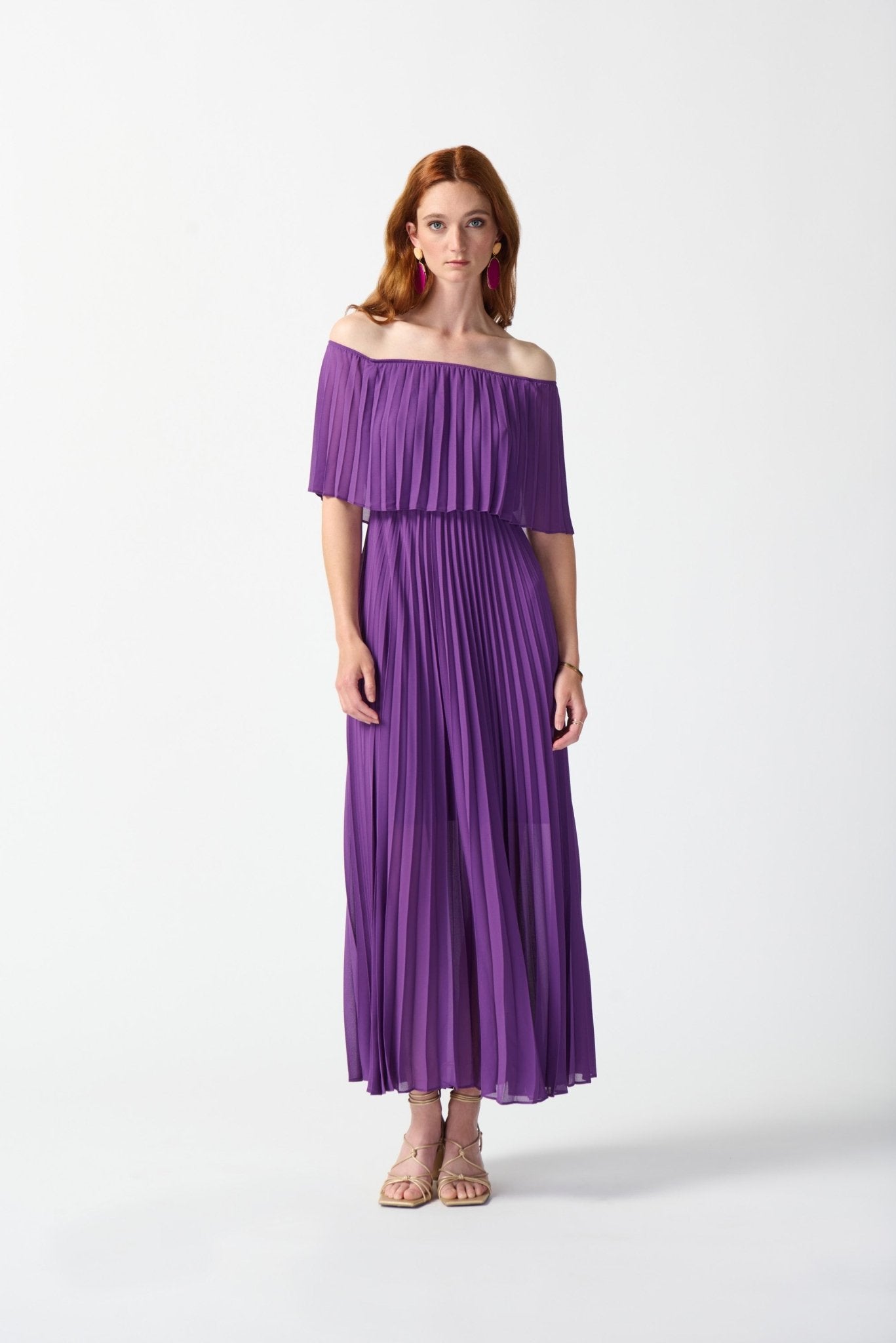 Shop PRE-ORDER Chiffon Off-The-Shoulder Pleated Dress Style 242926│ Majesty - Joseph Ribkoff