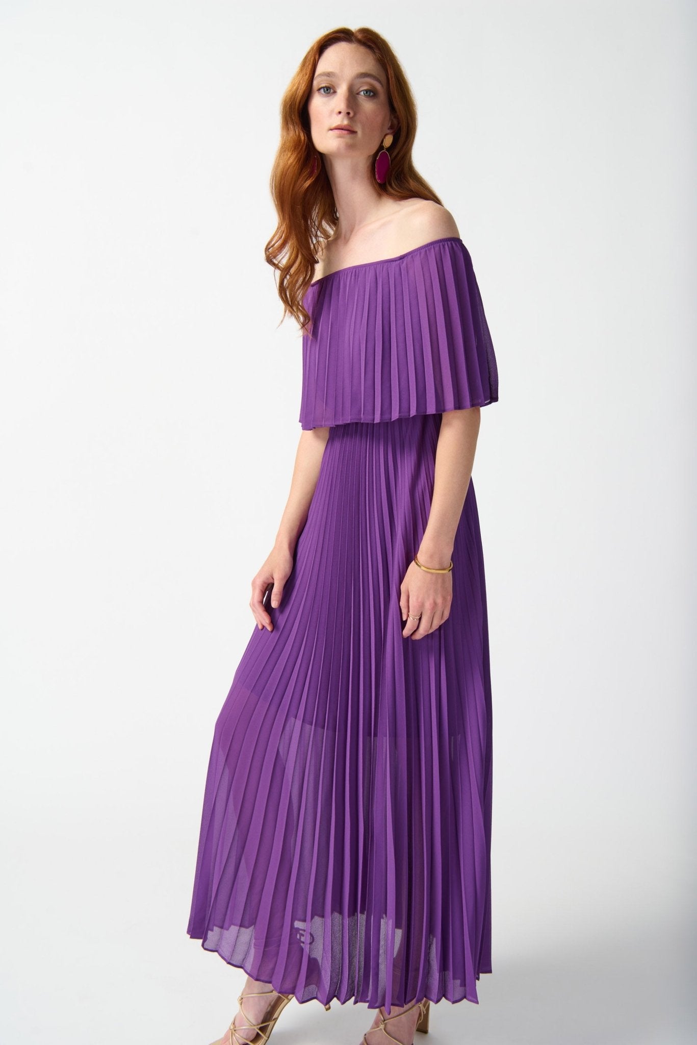 Shop PRE-ORDER Chiffon Off-The-Shoulder Pleated Dress Style 242926│ Majesty - Joseph Ribkoff