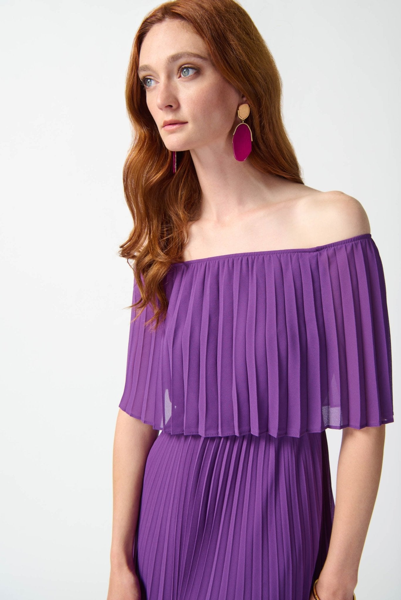 Shop PRE-ORDER Chiffon Off-The-Shoulder Pleated Dress Style 242926│ Majesty - Joseph Ribkoff