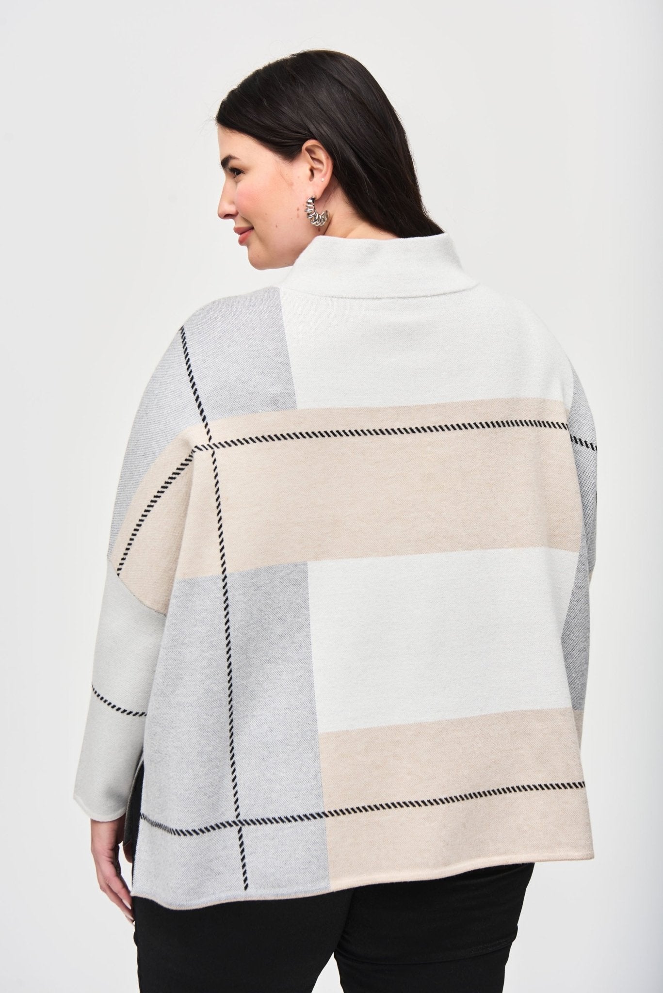 Shop PRE-ORDER Color-Block Jacquard Knit Cover-Up Style 243952│ Vanilla/Oatmeal/Grey - Joseph Ribkoff