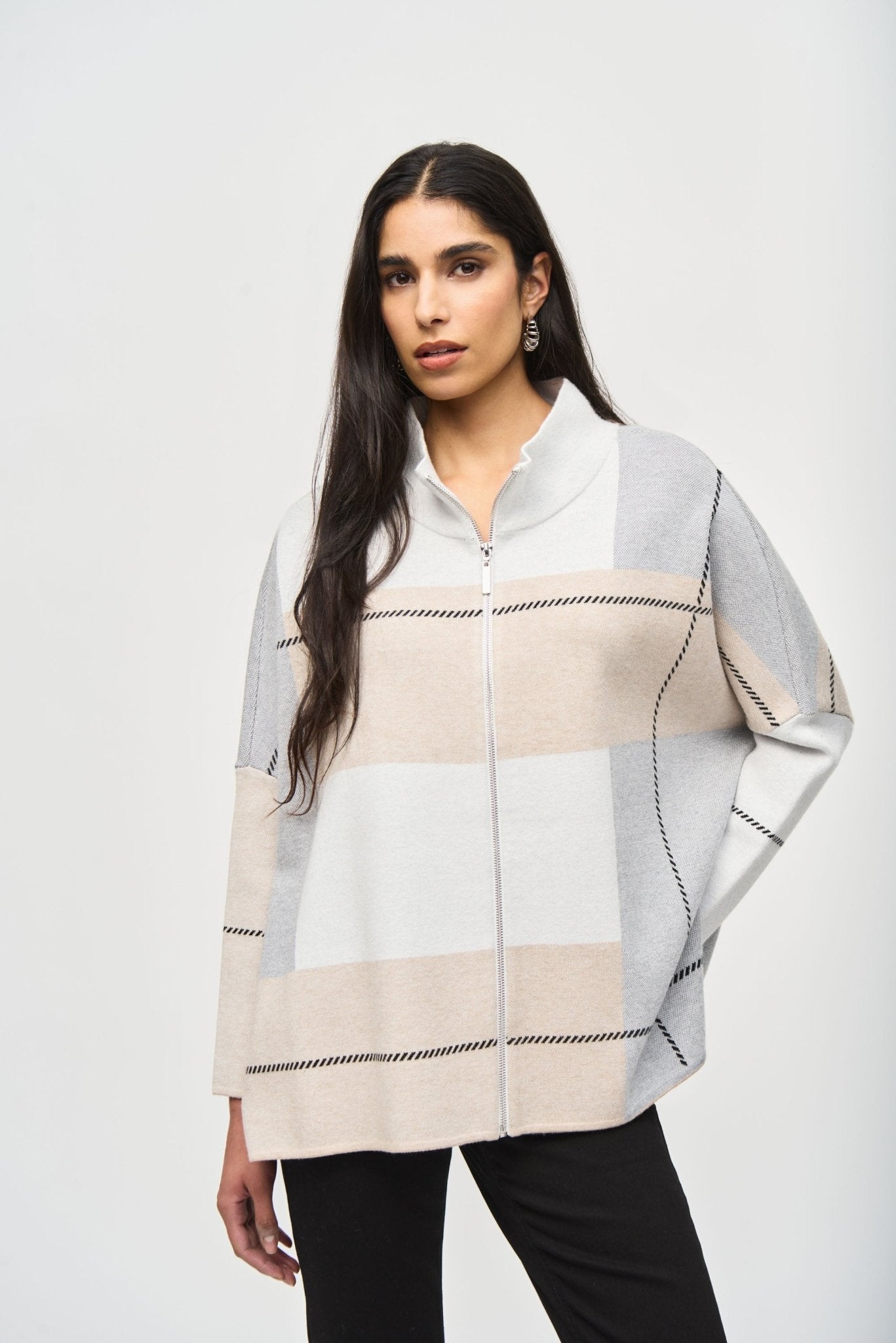 Shop PRE-ORDER Color-Block Jacquard Knit Cover-Up Style 243952│ Vanilla/Oatmeal/Grey - Joseph Ribkoff