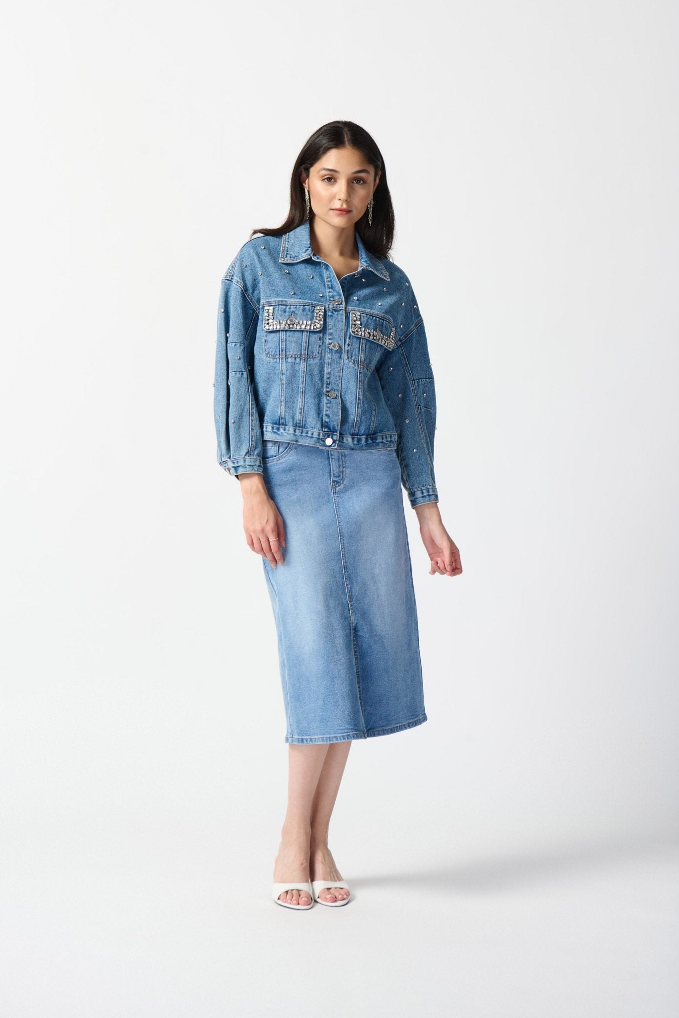 Shop PRE-ORDER | Embellished Denim Boxy Jacket Style 242917 | Denim Medium Blue - Joseph Ribkoff