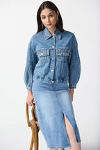 Shop PRE-ORDER | Embellished Denim Boxy Jacket Style 242917 | Denim Medium Blue - Joseph Ribkoff
