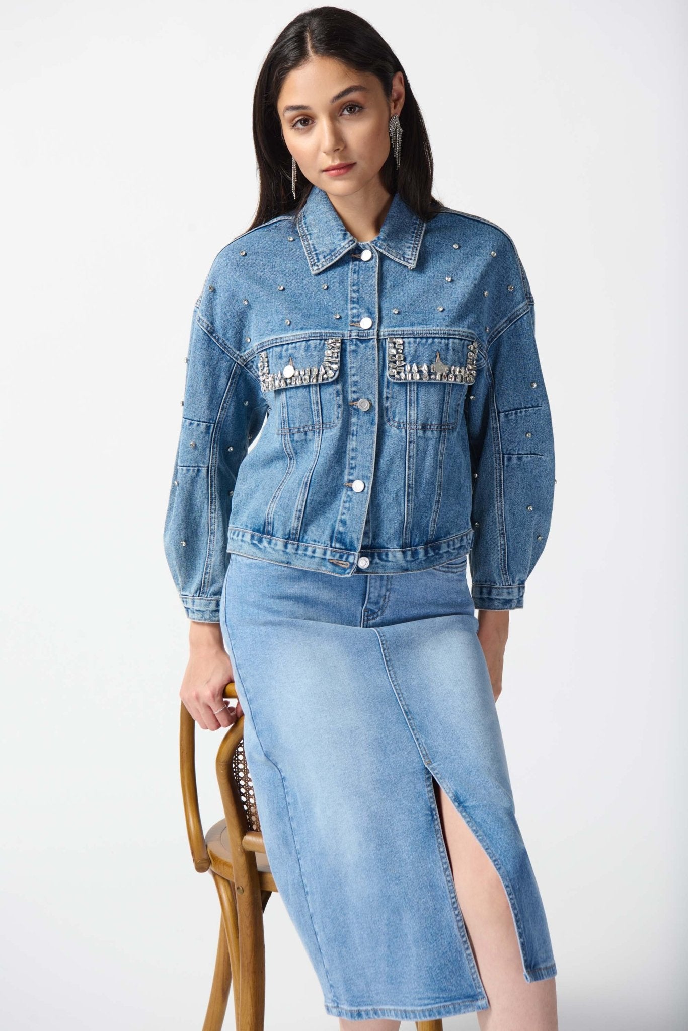 Shop PRE-ORDER | Embellished Denim Boxy Jacket Style 242917 | Denim Medium Blue - Joseph Ribkoff