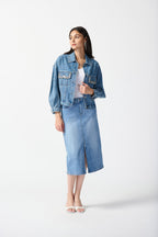 Shop PRE-ORDER | Embellished Denim Boxy Jacket Style 242917 | Denim Medium Blue - Joseph Ribkoff