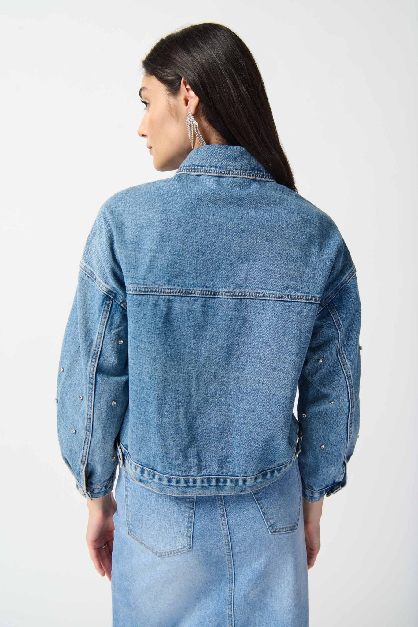 Shop PRE-ORDER | Embellished Denim Boxy Jacket Style 242917 | Denim Medium Blue - Joseph Ribkoff