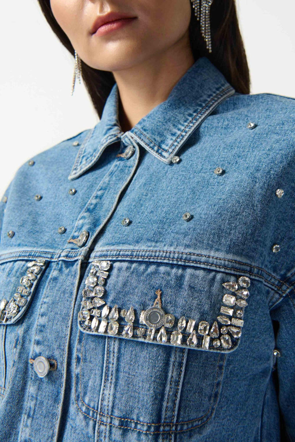 Shop PRE-ORDER | Embellished Denim Boxy Jacket Style 242917 | Denim Medium Blue - Joseph Ribkoff