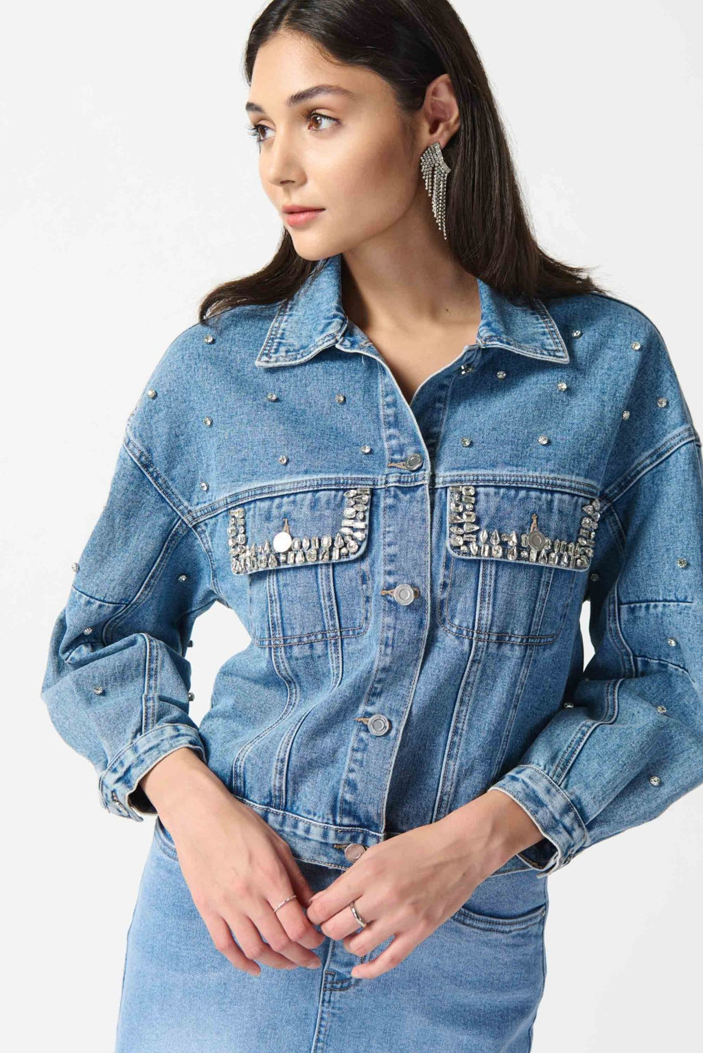 Shop PRE-ORDER | Embellished Denim Boxy Jacket Style 242917 | Denim Medium Blue - Joseph Ribkoff