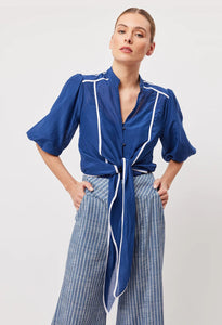 Shop PRE-ORDER Flores Cotton Silk Puff Sleeve Shirt | Marino - ONCEWAS