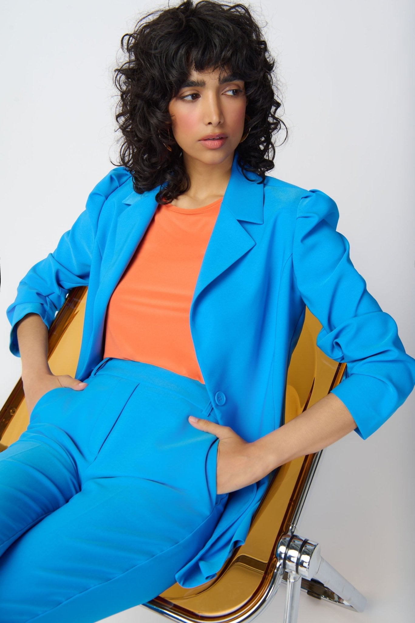 Shop PRE-ORDER Puff Sleeve Lux Twill Blazer Style 241190 | French Blue - Joseph Ribkoff