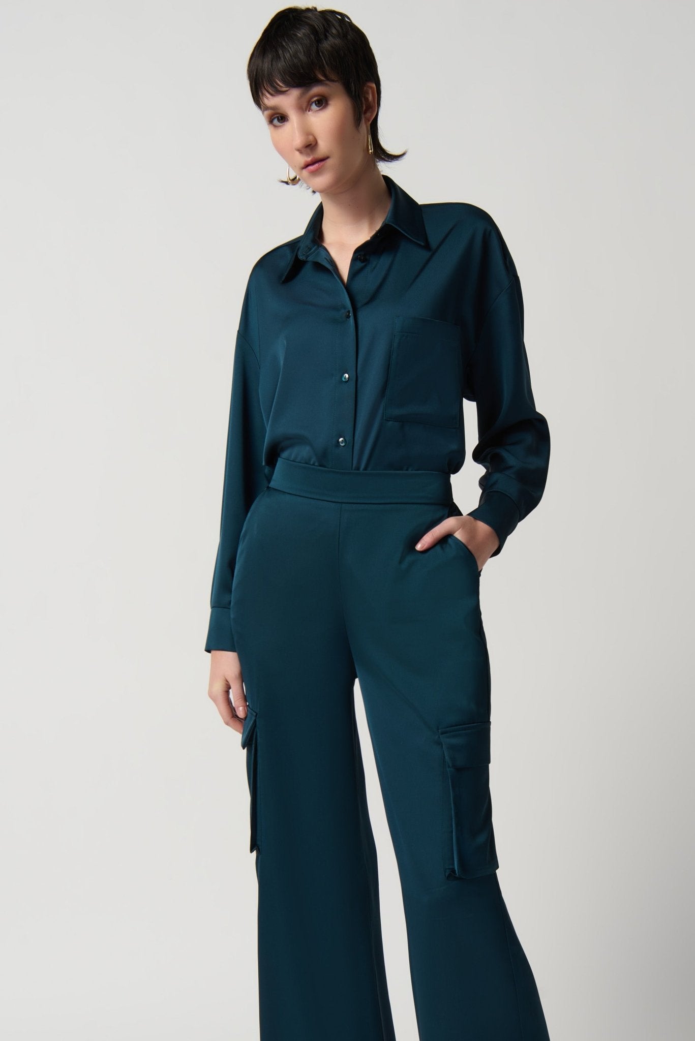 Shop PRE-ORDER Satin Wide-Leg Cargo Pants Style 234117 | Alpine Green - Joseph Ribkoff