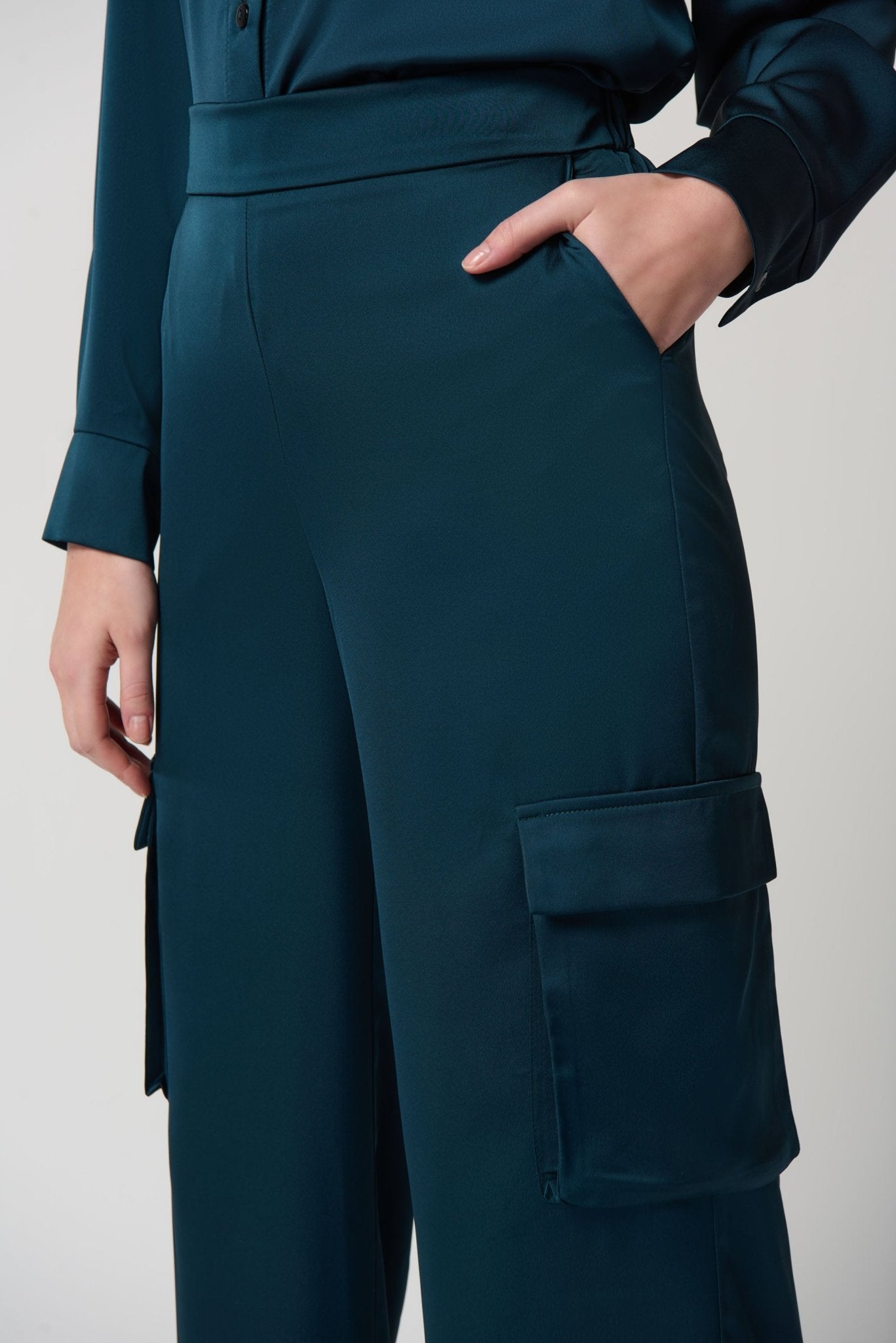 Shop PRE-ORDER Satin Wide-Leg Cargo Pants Style 234117 | Alpine Green - Joseph Ribkoff