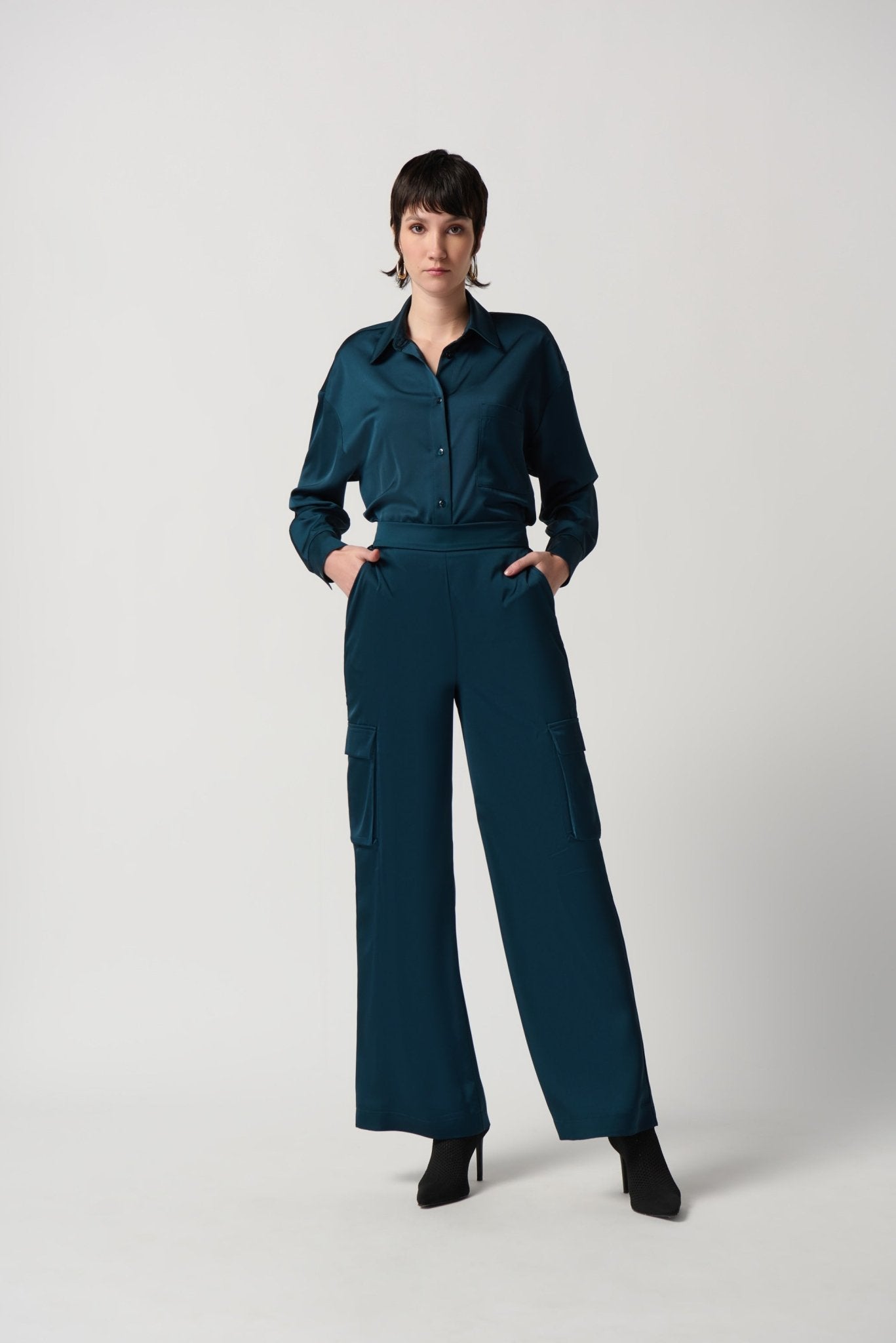 Shop PRE-ORDER Satin Wide-Leg Cargo Pants Style 234117 | Alpine Green - Joseph Ribkoff