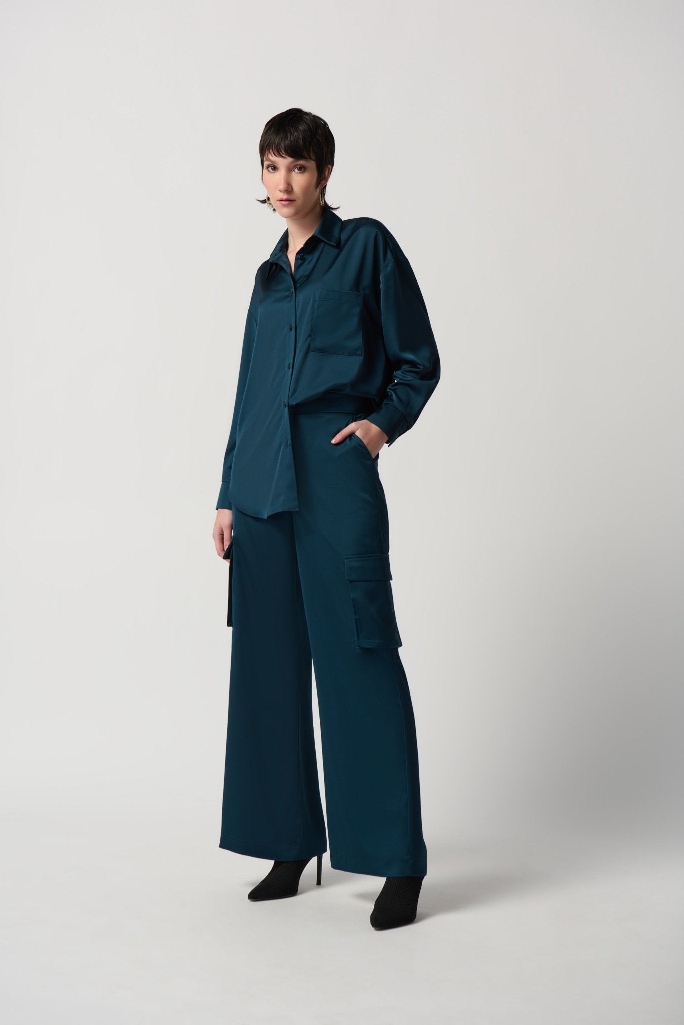 Shop PRE-ORDER Satin Wide-Leg Cargo Pants Style 234117 | Alpine Green - Joseph Ribkoff