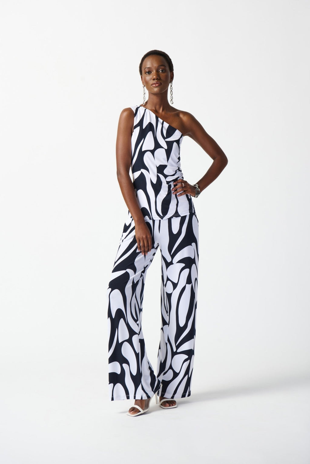 Shop PRE-ORDER | Silky Knit Geometric Print One Shoulder Top Style 242108 | Midnight Blue/Vanilla - JOSEPH RIBKOFF