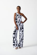 Shop PRE-ORDER | Silky Knit Geometric Print One Shoulder Top Style 242108 | Midnight Blue/Vanilla - JOSEPH RIBKOFF