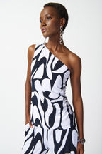 Shop PRE-ORDER | Silky Knit Geometric Print One Shoulder Top Style 242108 | Midnight Blue/Vanilla - JOSEPH RIBKOFF