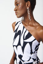 Shop PRE-ORDER | Silky Knit Geometric Print One Shoulder Top Style 242108 | Midnight Blue/Vanilla - JOSEPH RIBKOFF