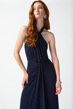 Shop PRE-ORDER Silky Knit Halter Dress Style 242071 | Midnight Blue - Joseph Ribkoff