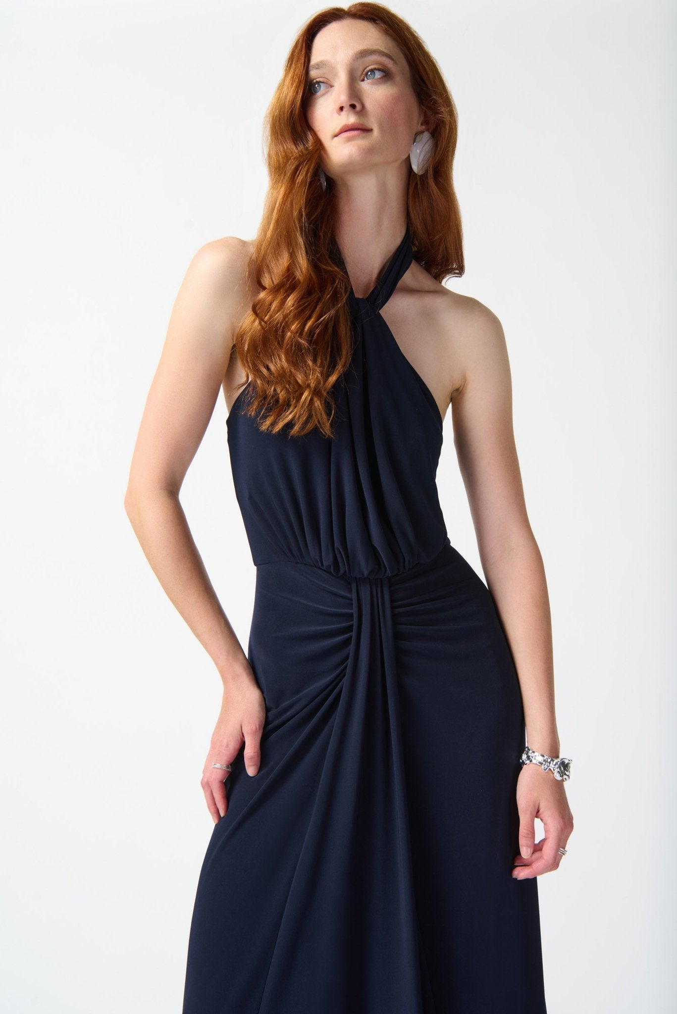 Shop PRE-ORDER Silky Knit Halter Dress Style 242071 | Midnight Blue - Joseph Ribkoff