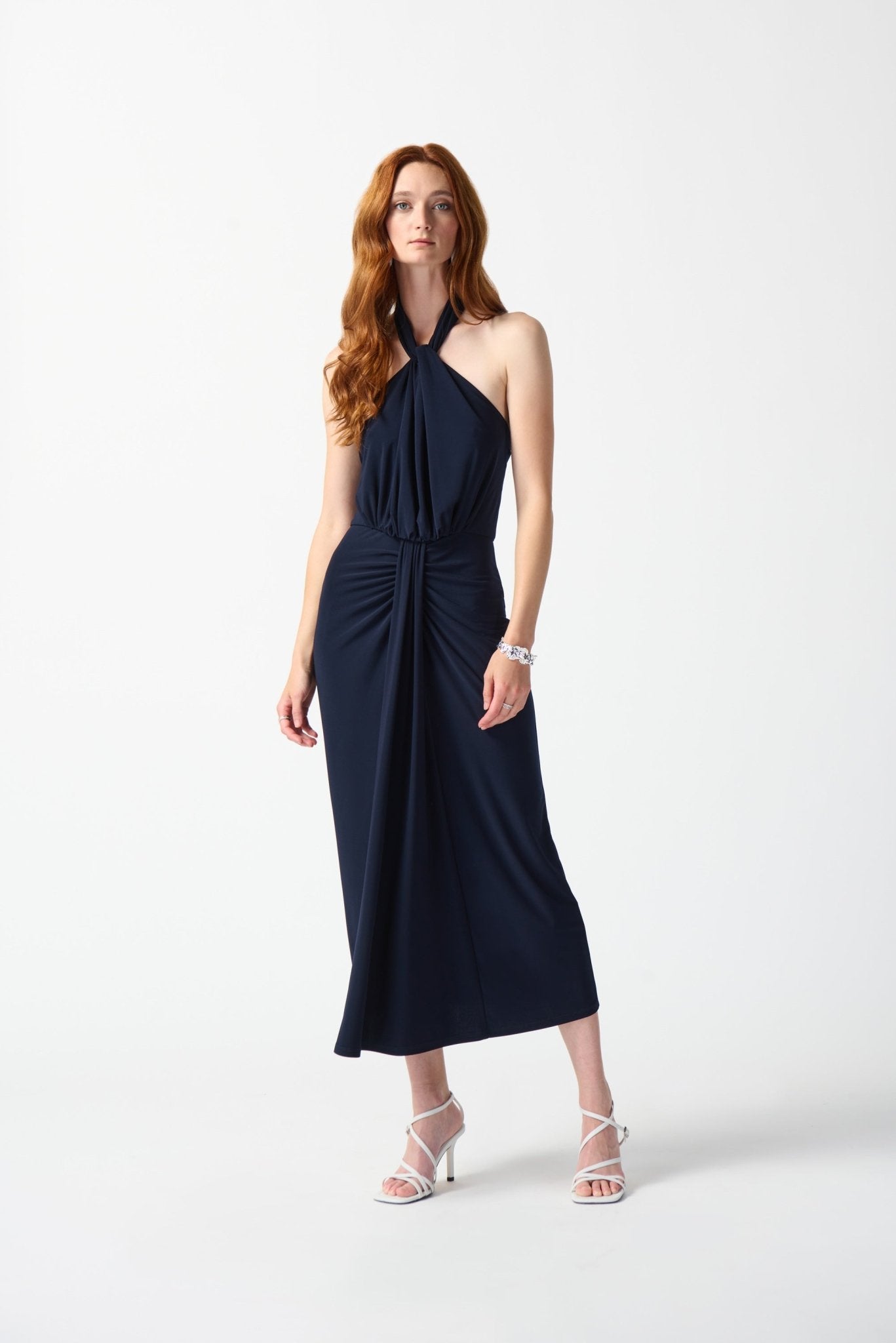 Shop PRE-ORDER Silky Knit Halter Dress Style 242071 | Midnight Blue - Joseph Ribkoff