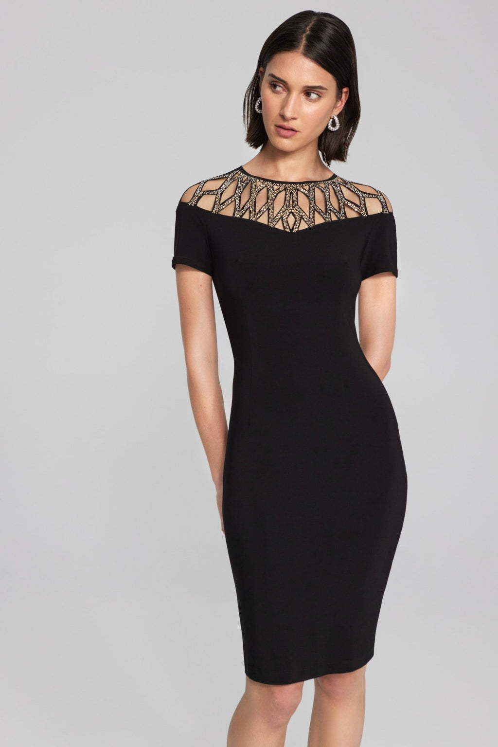 Shop PRE-ORDER Silky Knit Sheath Dress With Embellished Neckline Style 241716 | Black - Joseph Ribkoff