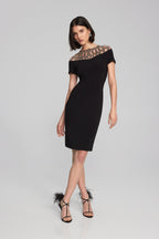 Shop PRE-ORDER Silky Knit Sheath Dress With Embellished Neckline Style 241716 | Black - Joseph Ribkoff