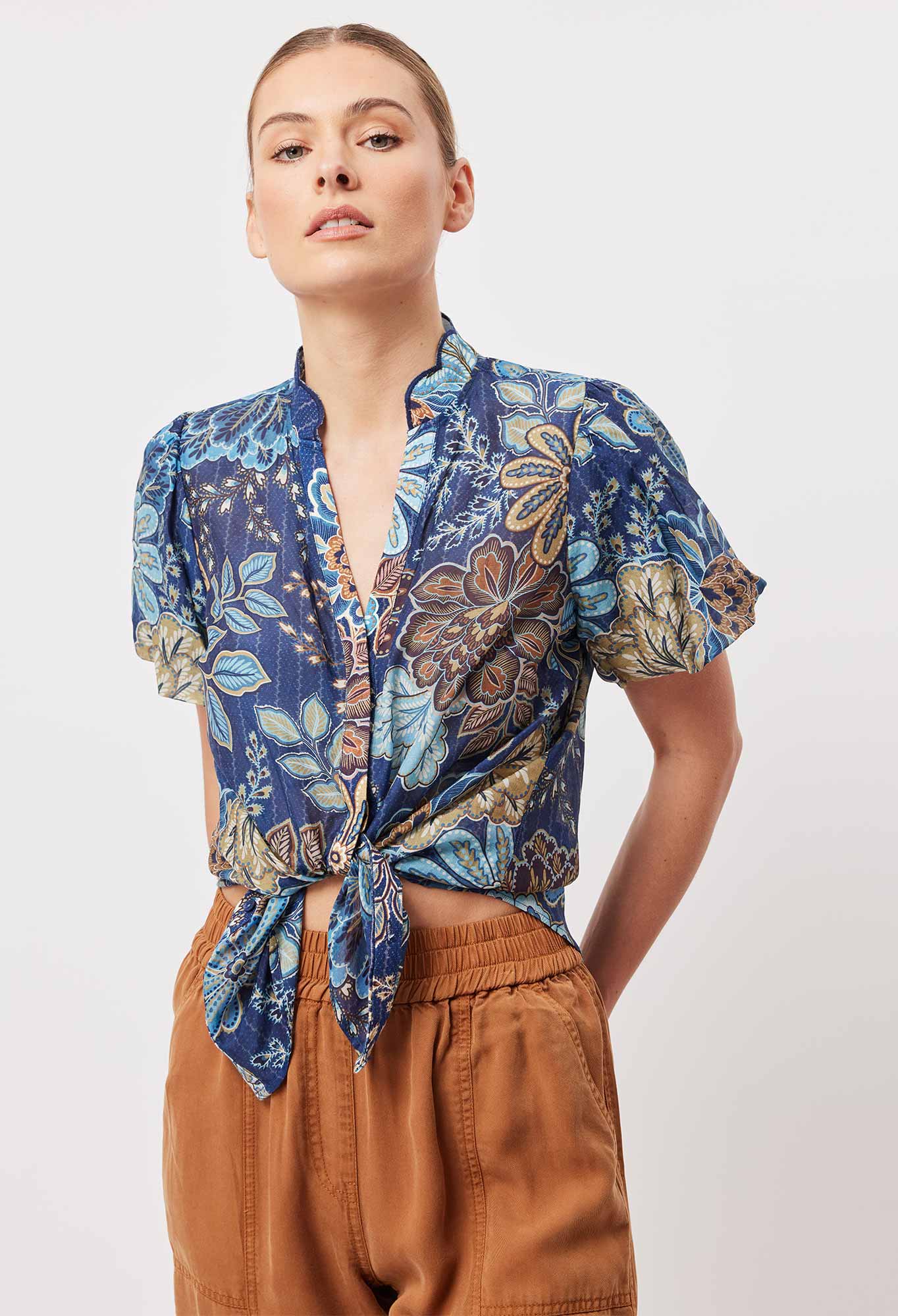 Shop PRE-ORDER Tulum Cotton Silk Puff Sleeve Shirt | Aztec Floral - ONCEWAS