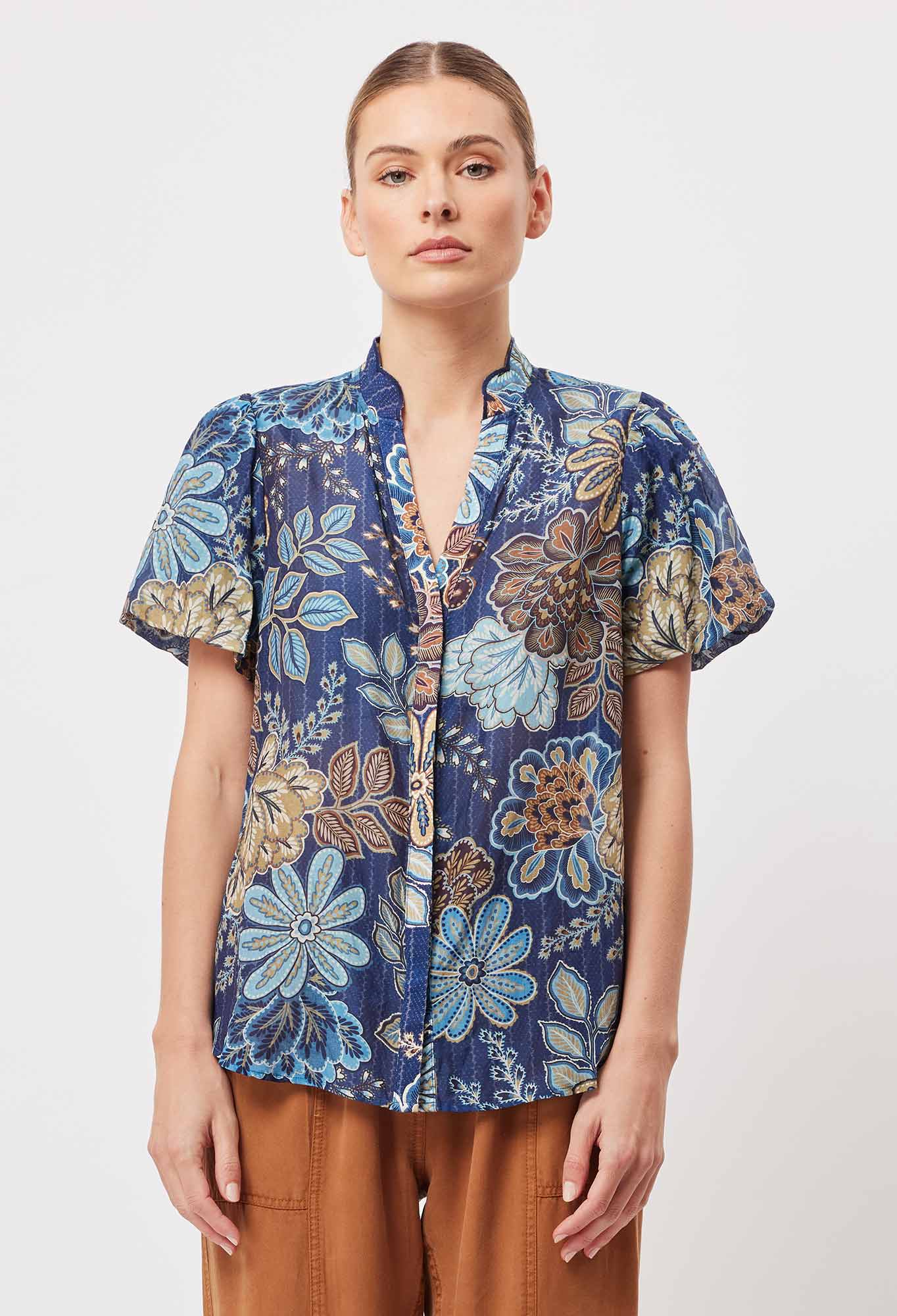 Shop PRE-ORDER Tulum Cotton Silk Puff Sleeve Shirt | Aztec Floral - ONCEWAS