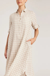 Shop Pure Linen Shirt Dress - Taupe White Gingham Print by Cable Melbourne - Cable Melbourne