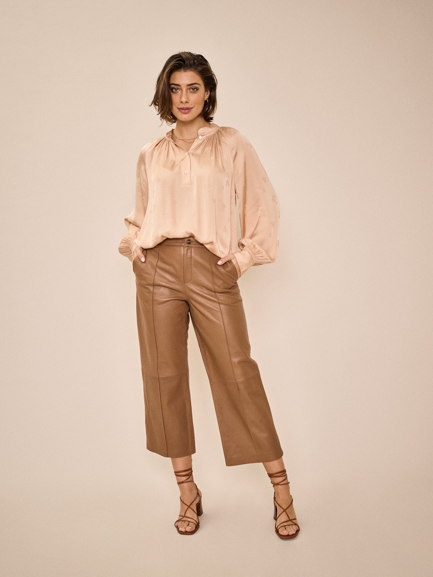 Shop Quin Jacquard Blouse in Sand - Mos Mosh