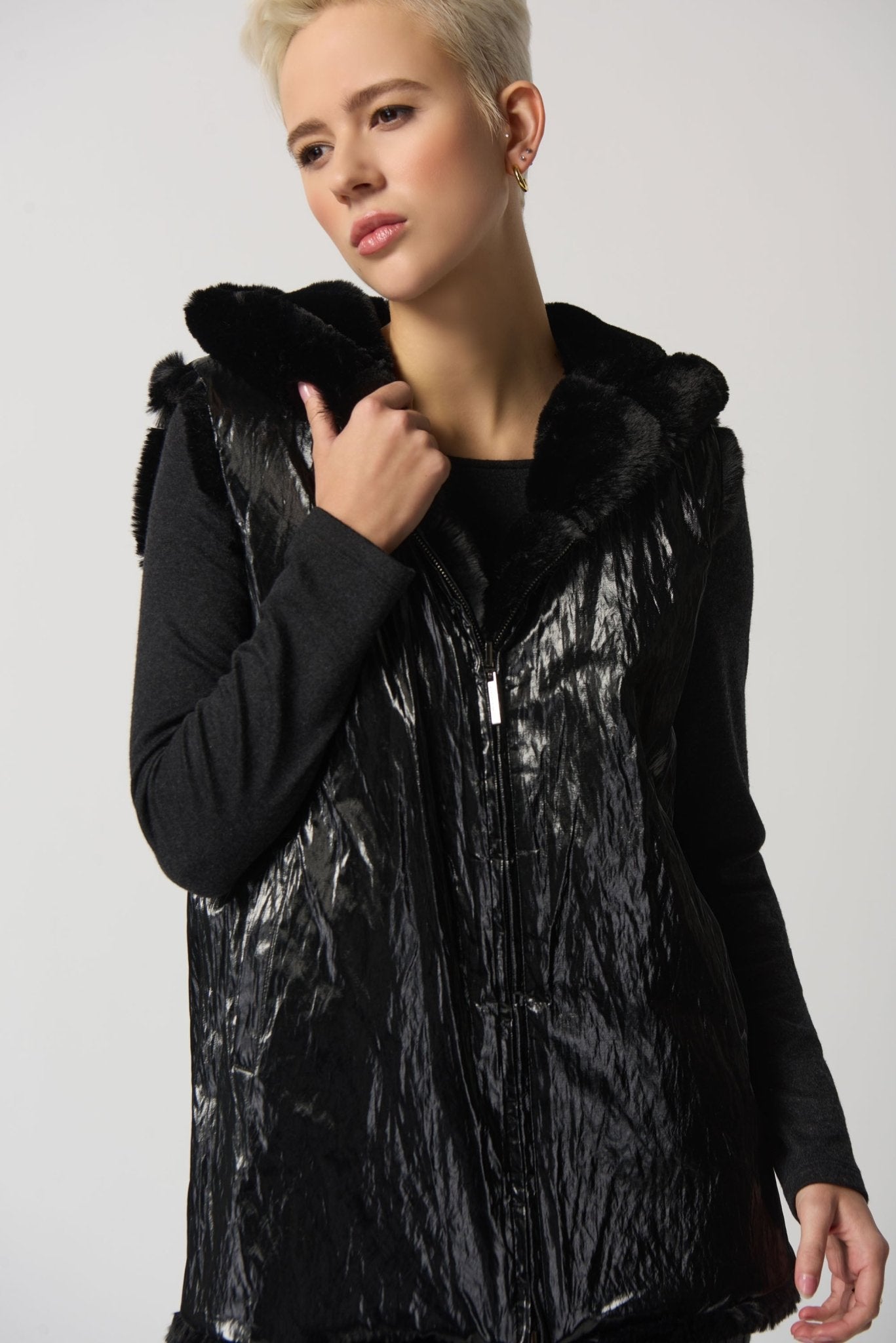 Shop Reversible Faux Fur Hooded Vest Style 233921 | Black - Joseph Ribkoff