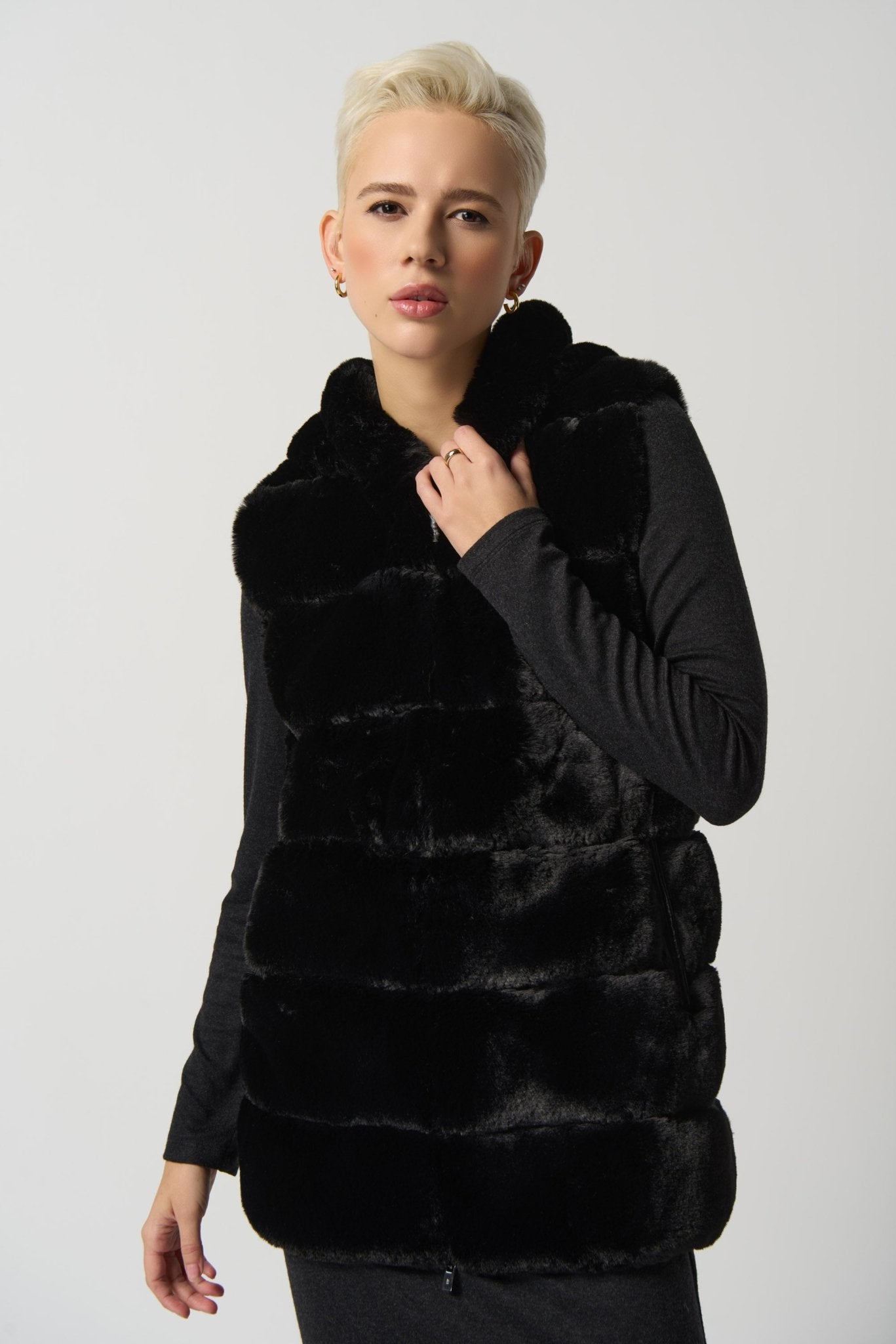 Shop Reversible Faux Fur Hooded Vest Style 233921 | Black - Joseph Ribkoff