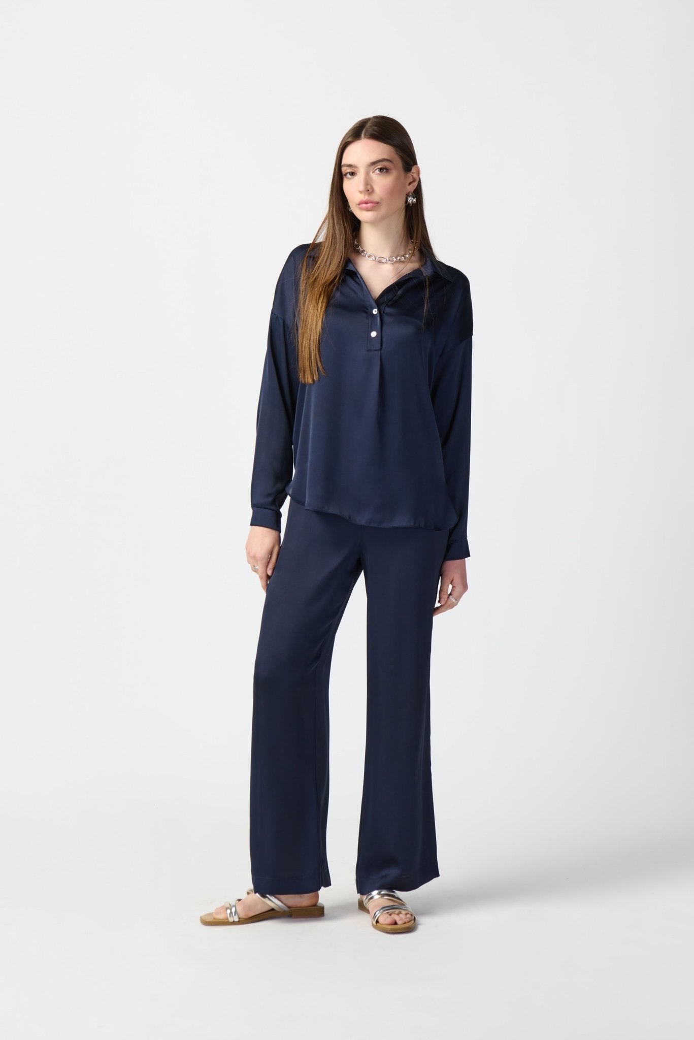 Shop Satin Wide-Leg Pull-On Pants Style 241247 | Midnight Blue - Joseph Ribkoff
