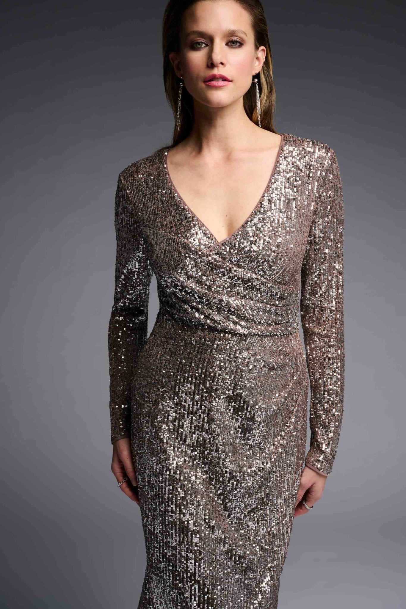 Shop Sequin Dress Signture Style 223720 | Silver/Taupe - Joseph Ribkoff