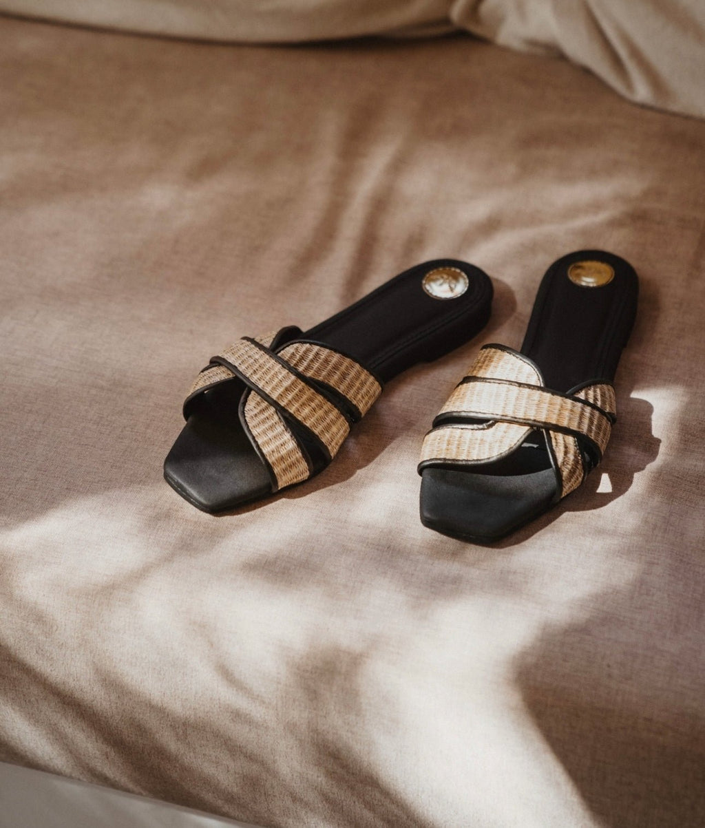 Shop Sicily Raffia Slipper Slide | Black - Mos Mosh