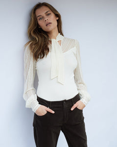 Shop Silk Tie Neck Tee with Lace in Ivory or Black - Rosemunde