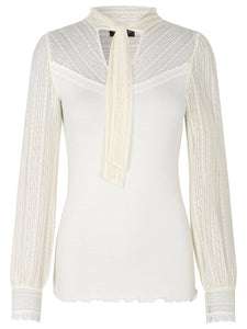 Shop Silk Tie Neck Tee with Lace in Ivory or Black - Rosemunde