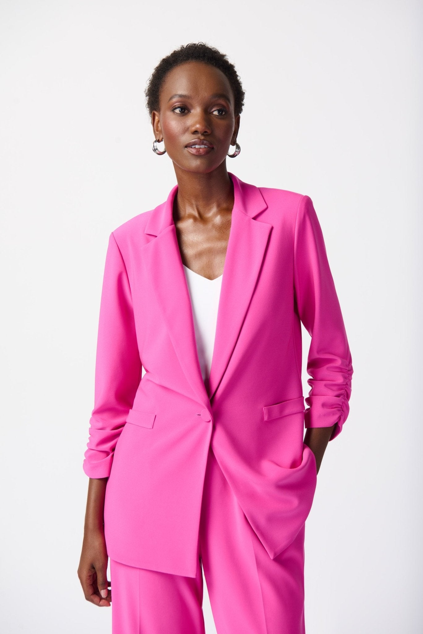 Shop Silky Knit Blazer with Shirred Sleeves Style 241031 | Ultra Pink - Joseph Ribkoff