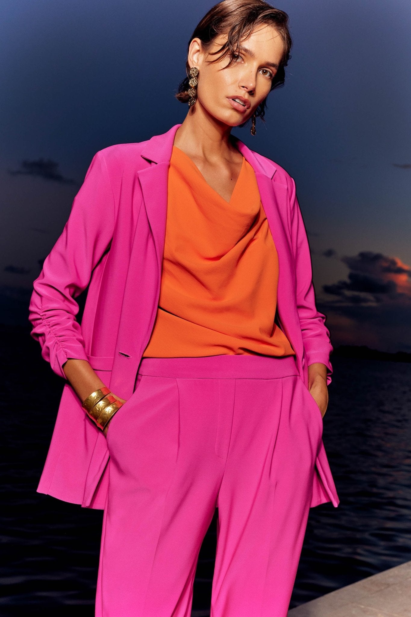 Shop Silky Knit Blazer with Shirred Sleeves Style 241031 | Ultra Pink - Joseph Ribkoff