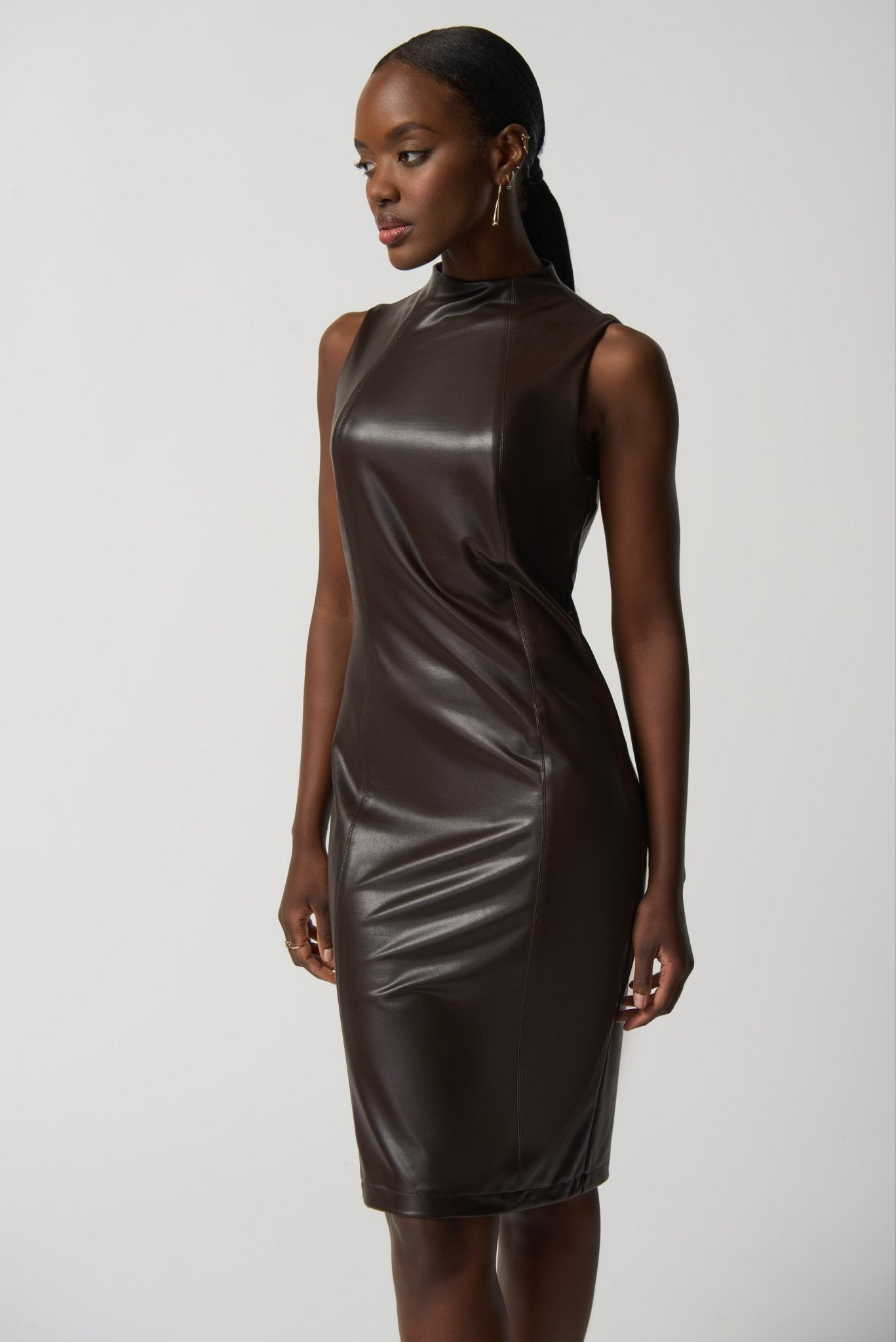 Shop Sleeveless Faux-Leather Sheath Dress Style 233010 │ Mocha - Joseph Ribkoff