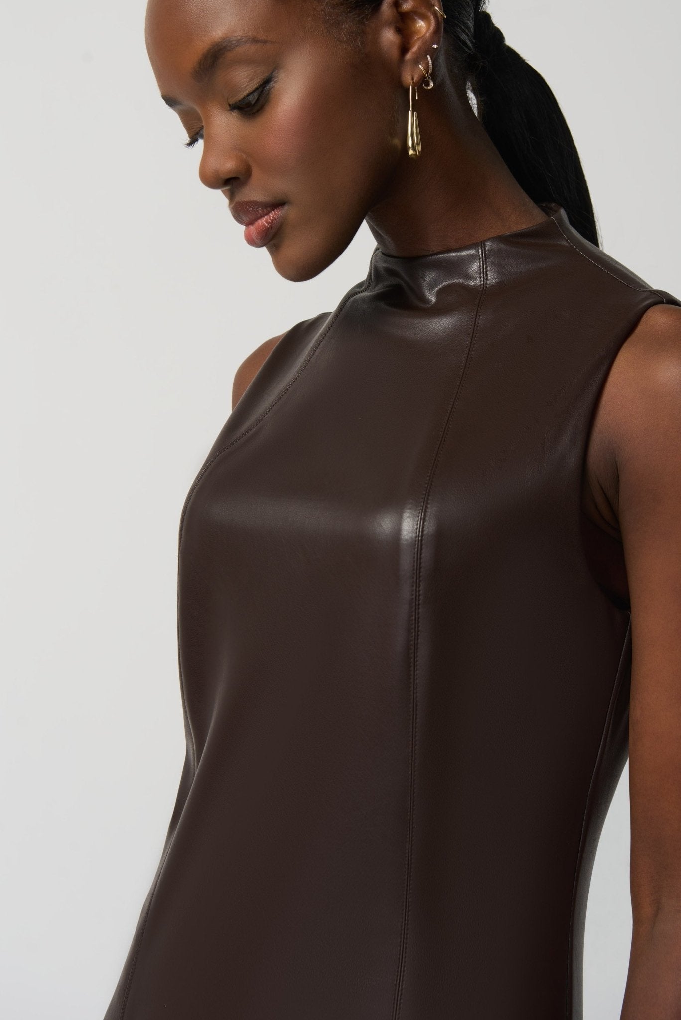 Shop Sleeveless Faux-Leather Sheath Dress Style 233010 │ Mocha - Joseph Ribkoff
