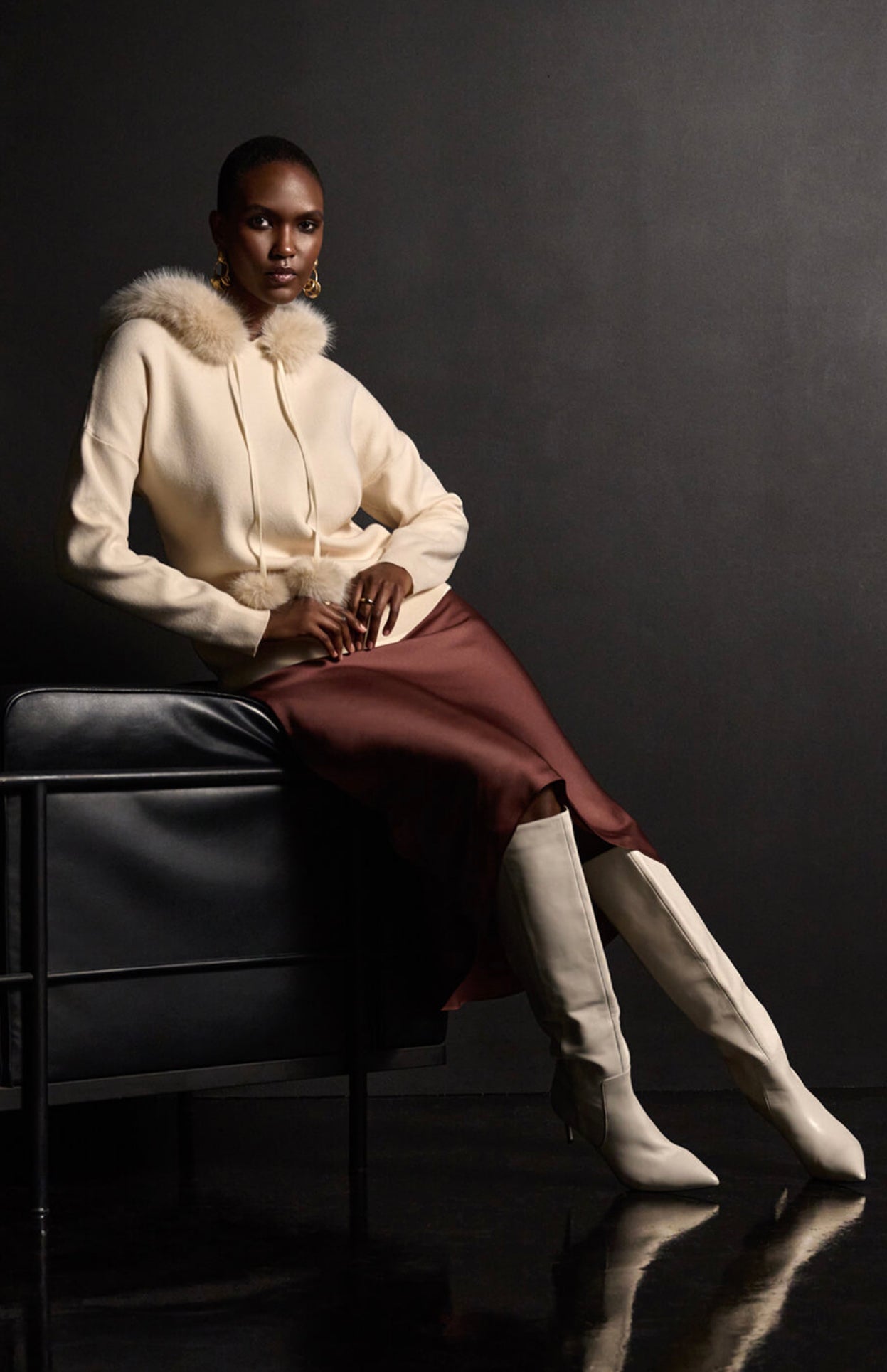 Shop Sweater With Faux Fur Hood & Pompoms Style 234921 │ Almond - Joseph Ribkoff